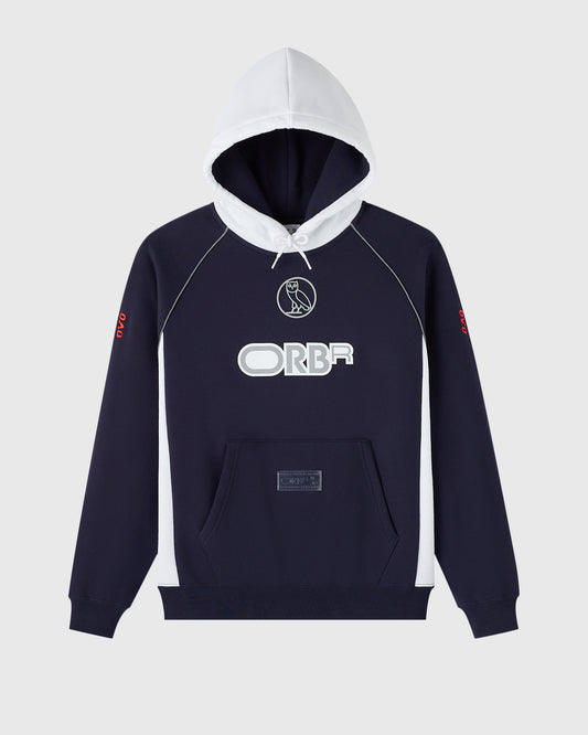 Navy and white color-block hoodie with front logo print and white drawstring hood.