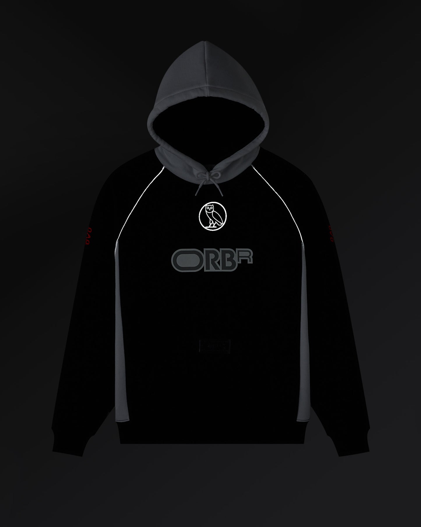 Navy and black color-block hoodie with gray shoulder panels, drawstring hood, and RBR logo on chest.