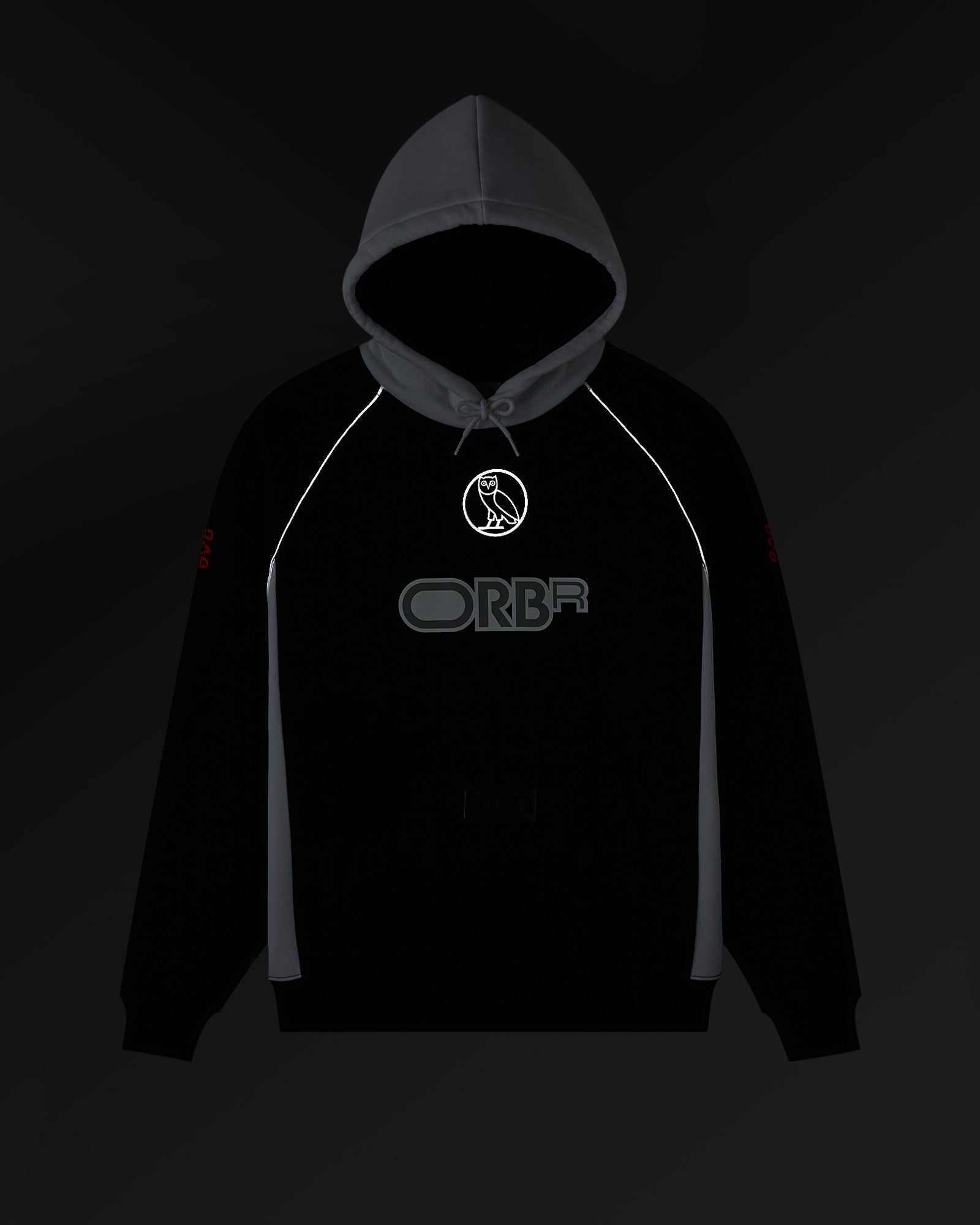 Navy and black color-block hoodie with gray shoulder panels, drawstring hood, and RBR logo on chest.