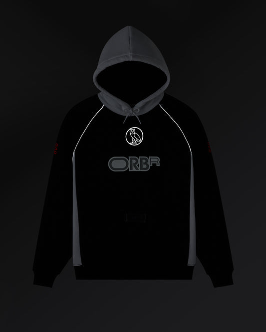 Navy and black color-block hoodie with gray shoulder panels, drawstring hood, and RBR logo on chest.