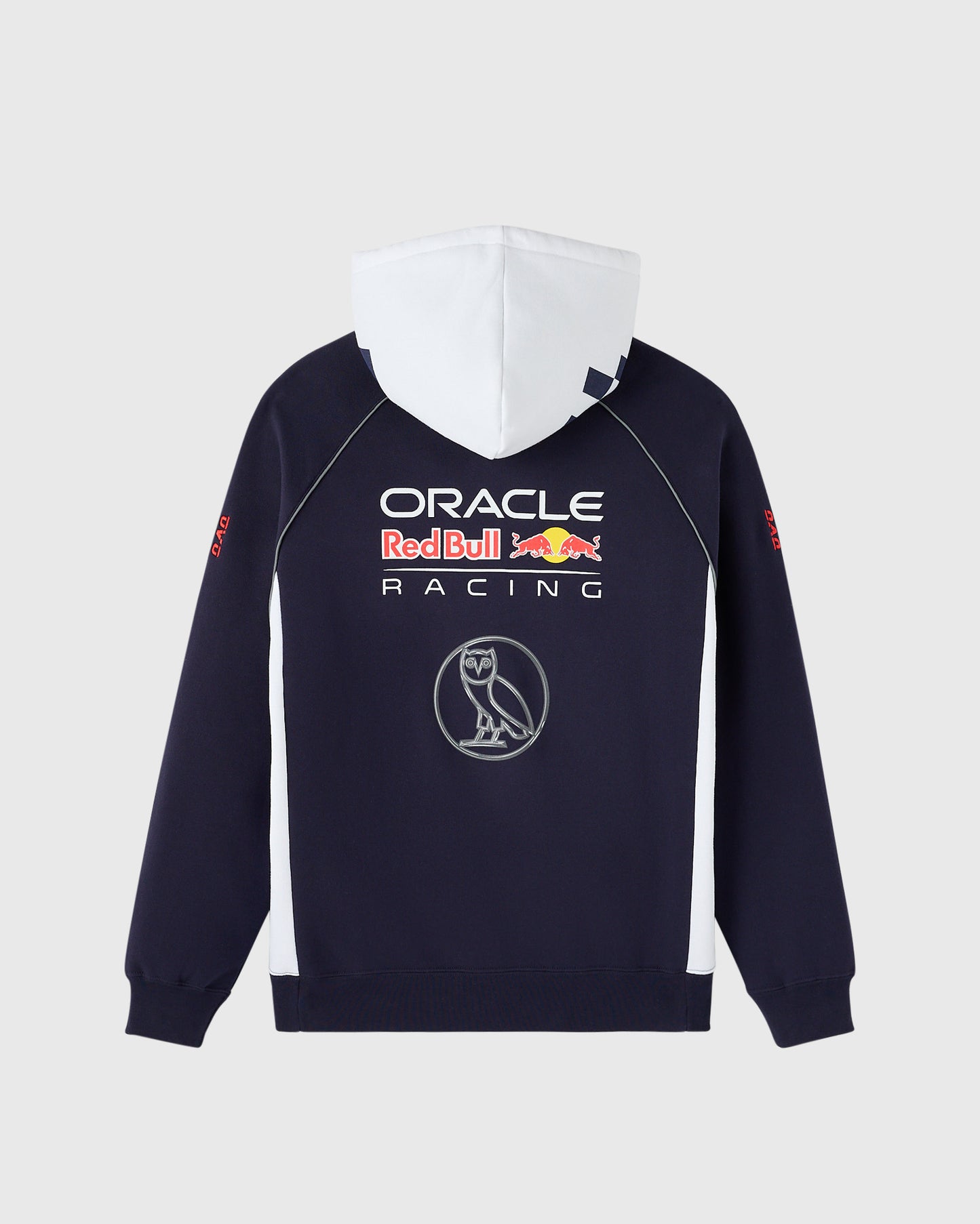 Navy and white color-block hoodie with Oracle Red Bull Racing logo and owl emblem on chest.