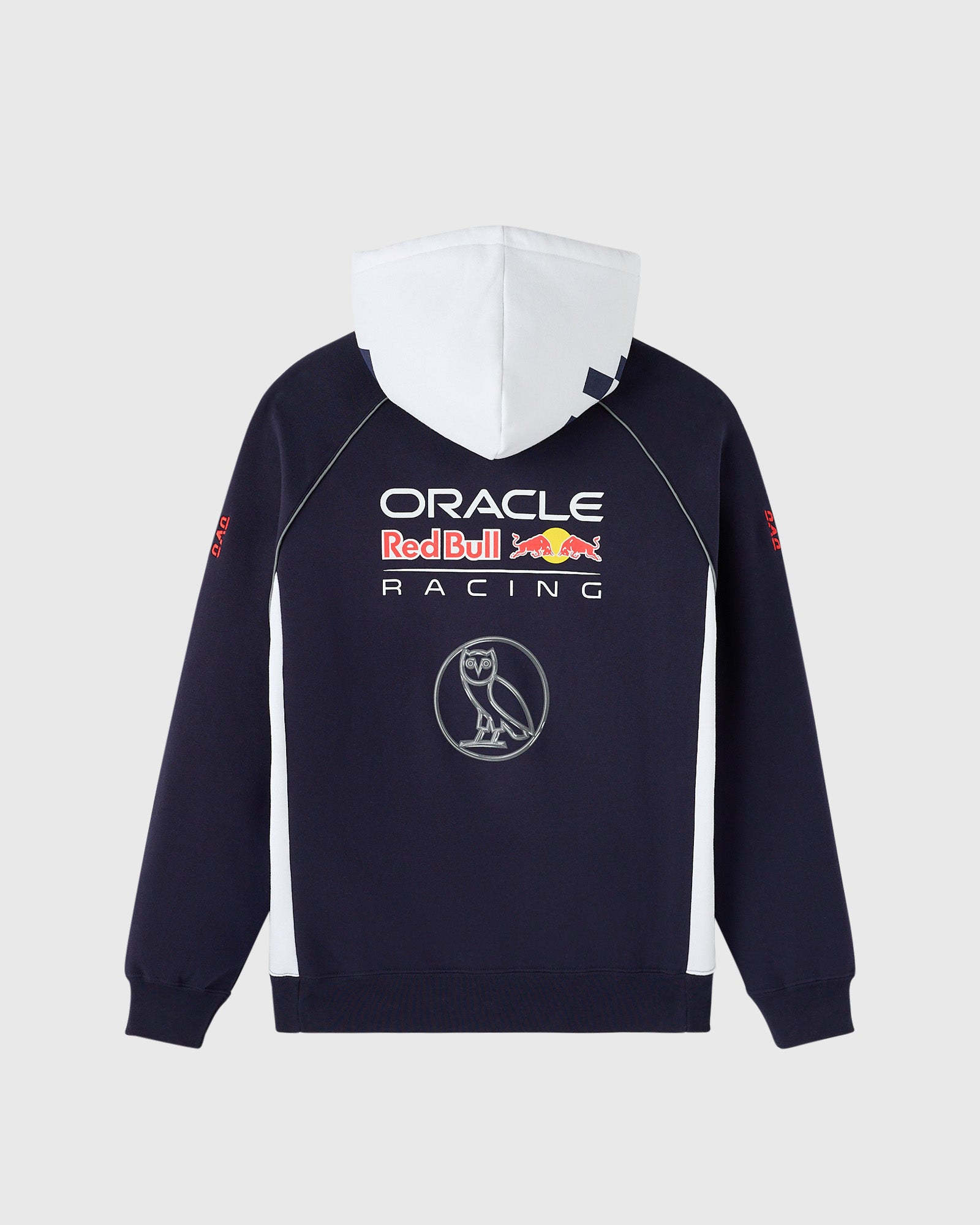 Navy and white color-block hoodie with Oracle Red Bull Racing logo and owl emblem on chest.