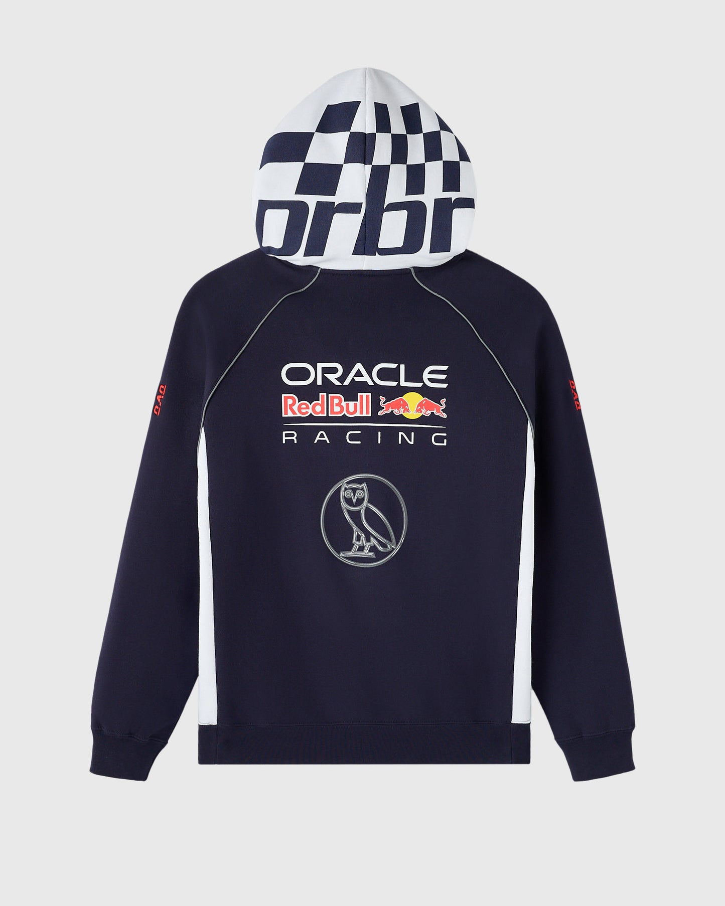 Navy and white color-block hoodie with Oracle Red Bull Racing logos and checkered pattern on hood.