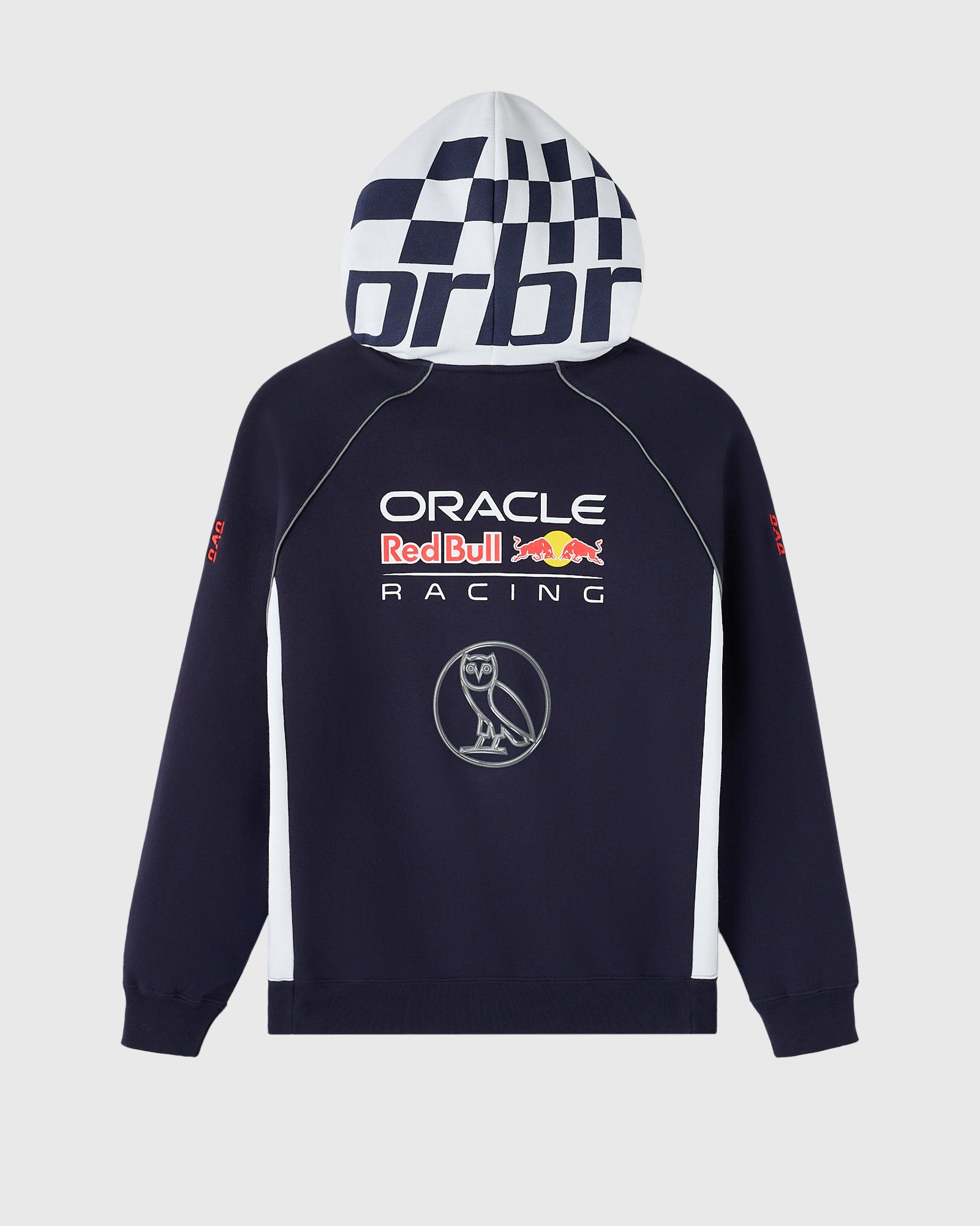 Navy and white color-block hoodie with Oracle Red Bull Racing logos and checkered pattern on hood.