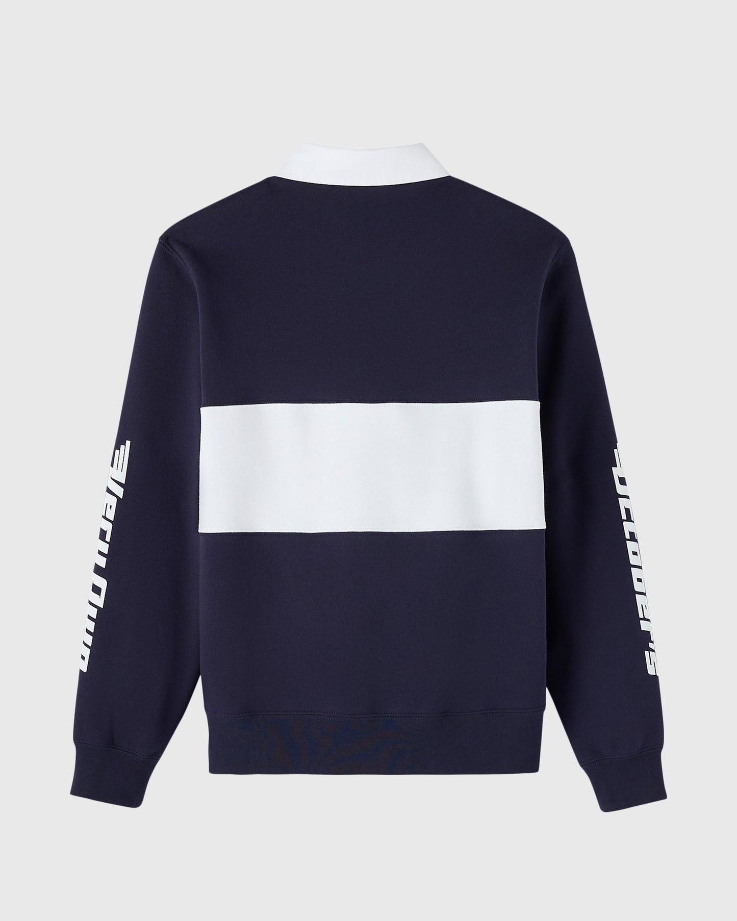 Navy fleece rugby with white horizontal stripe, white collar, and white text on sleeves.