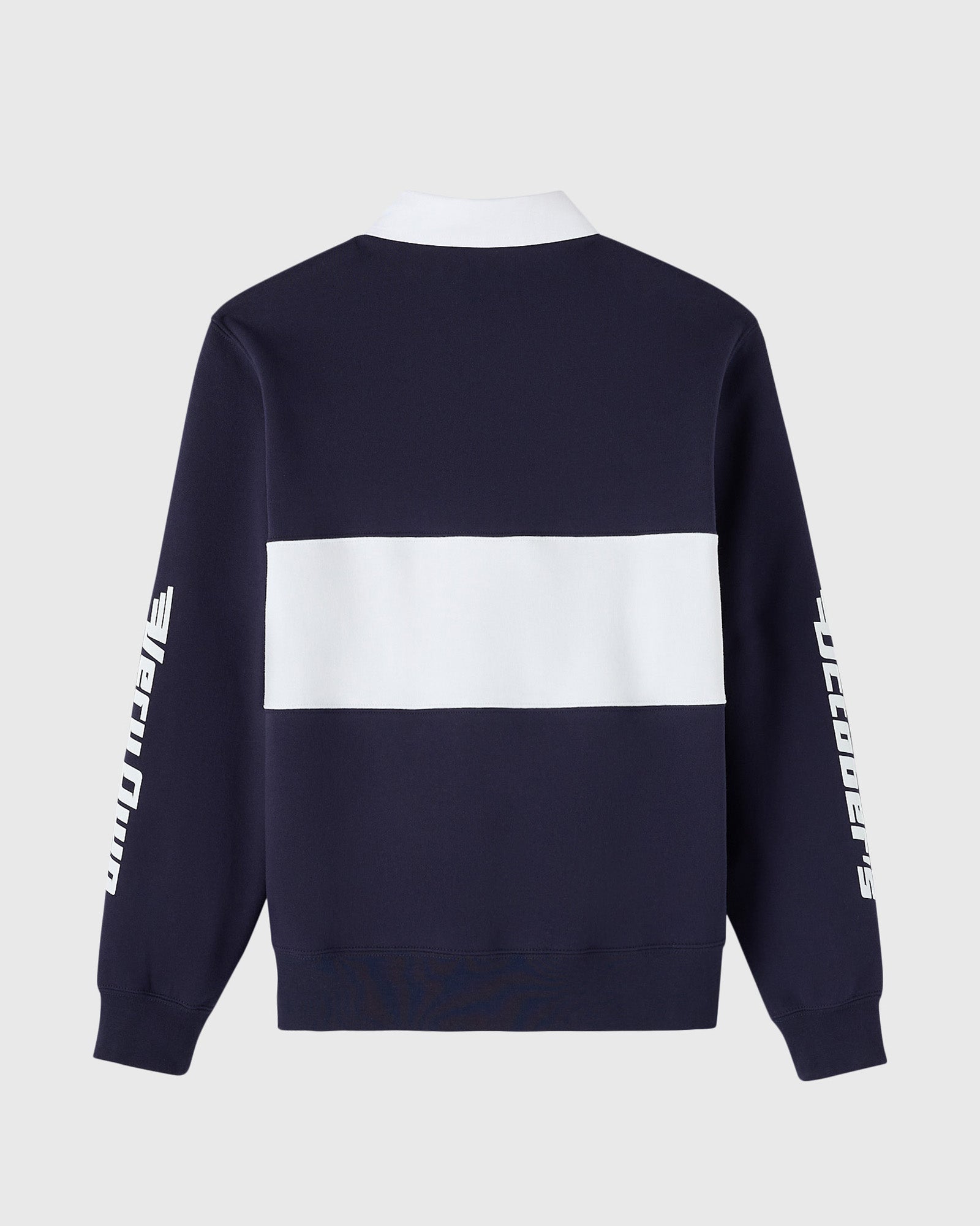 Navy fleece rugby with white horizontal stripe, white collar, and white text on sleeves.