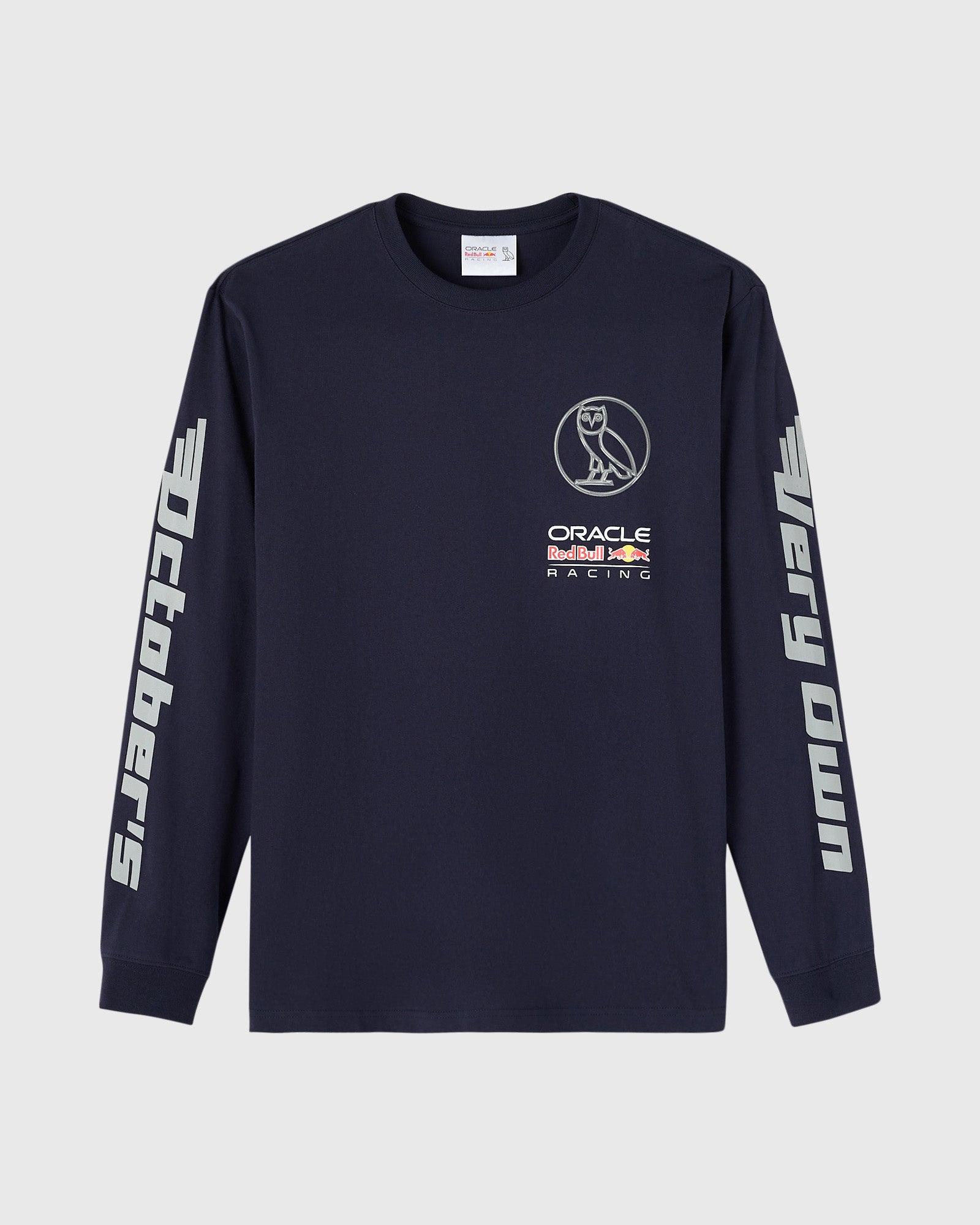 Navy long-sleeve t-shirt with Oracle Red Bull Racing logo and owl emblem on chest, text down sleeves.