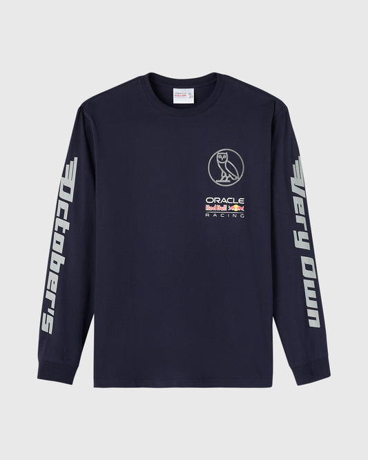 Navy long-sleeve t-shirt with Oracle Red Bull Racing logo and owl emblem on chest, text down sleeves.