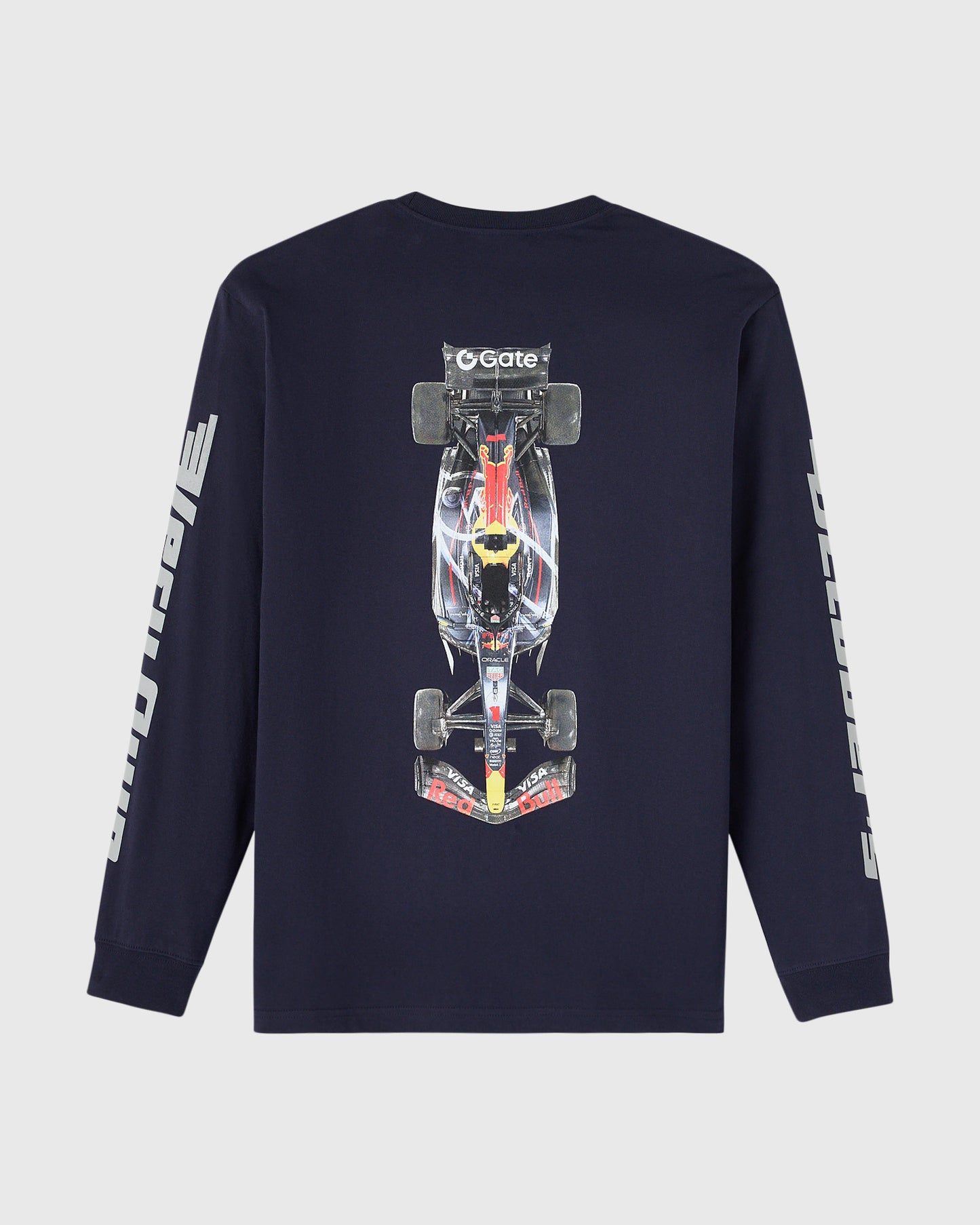 Navy long-sleeve tee with Red Bull Racing RB21 formula car graphic on back and text down sleeves.