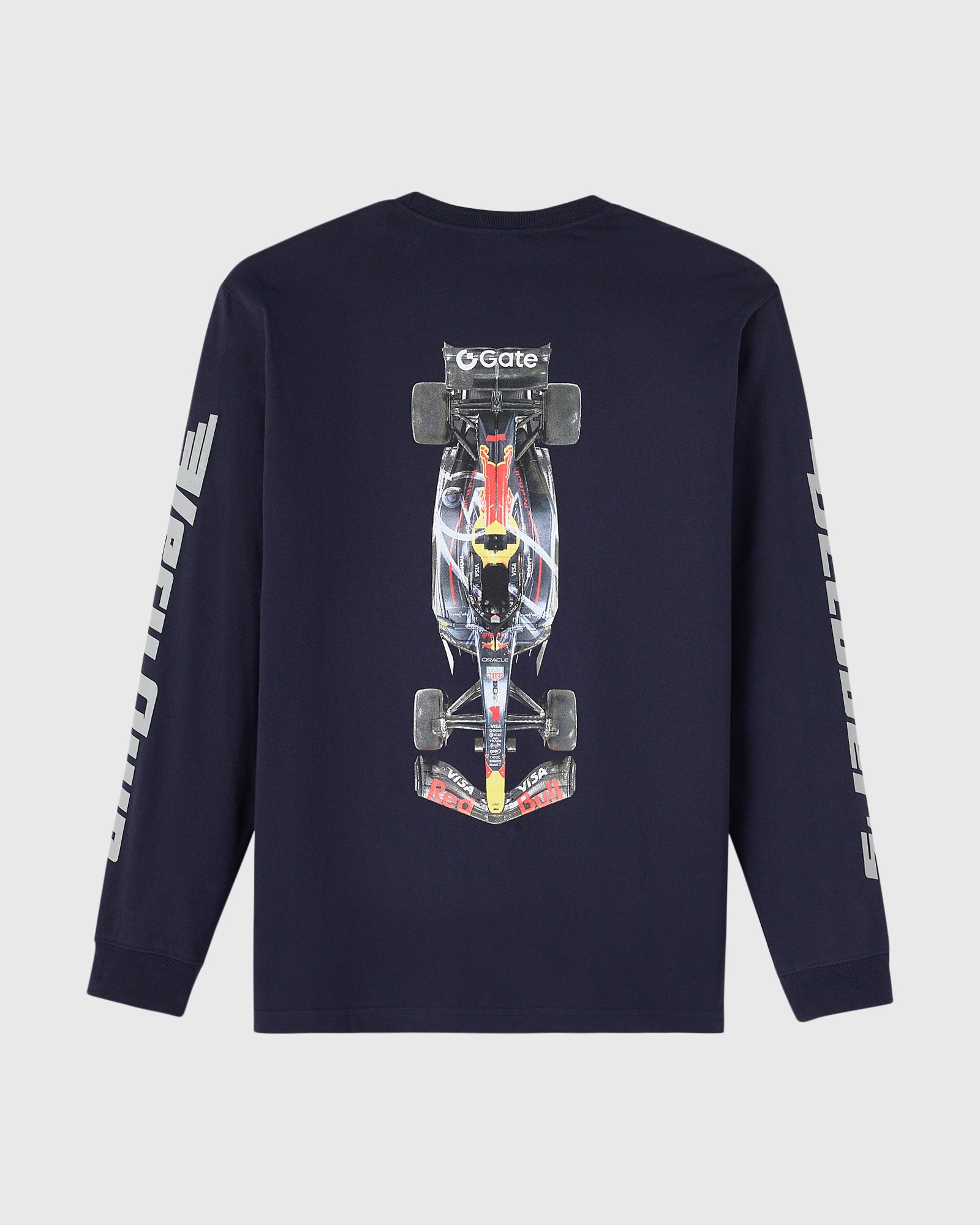 Navy long-sleeve tee with Red Bull Racing RB21 formula car graphic on back and text down sleeves.
