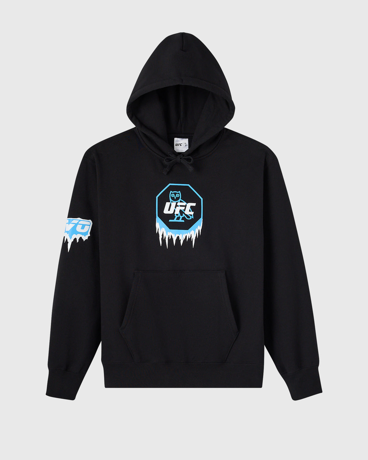 Black hoodie with blue UFC logo and icicle design on chest, drawstring hood, and left sleeve graphic.