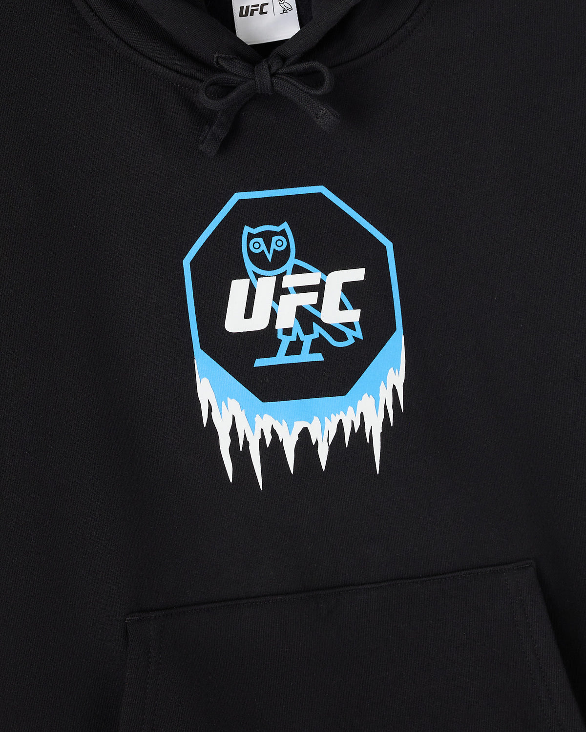 Black hoodie with UFC logo featuring blue owl graphic and white icicle design on chest, drawstring hood, and front kangaroo p