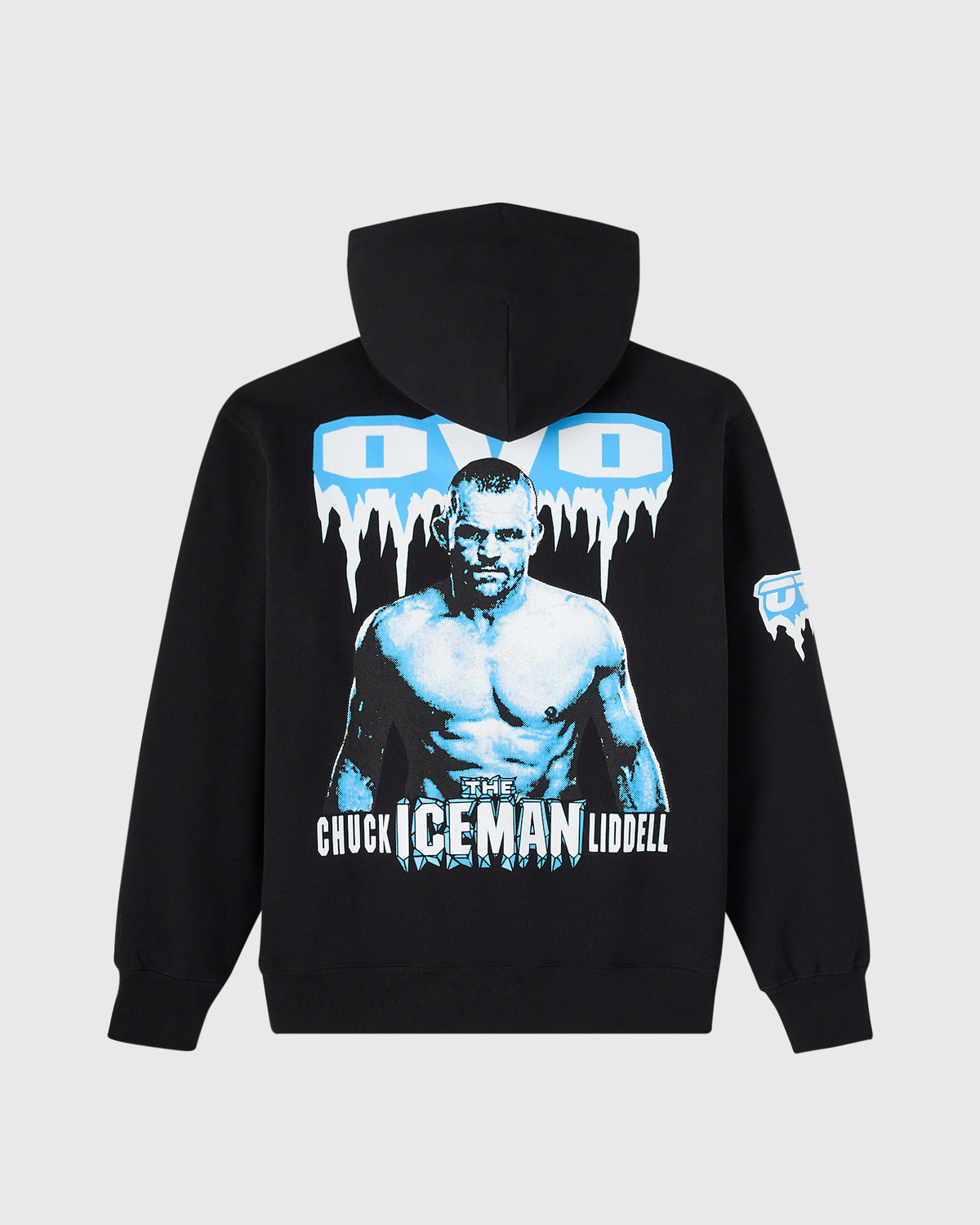 Black hoodie featuring blue and white graphic of shirtless male fighter with "The Iceman" and "Chuck Liddell" text on back.