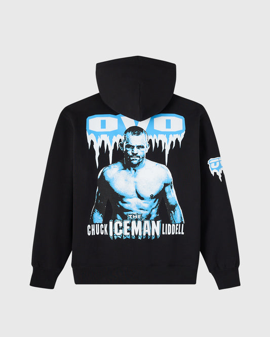 Black hoodie featuring blue and white graphic of shirtless male fighter with "The Iceman" and "Chuck Liddell" text on back.