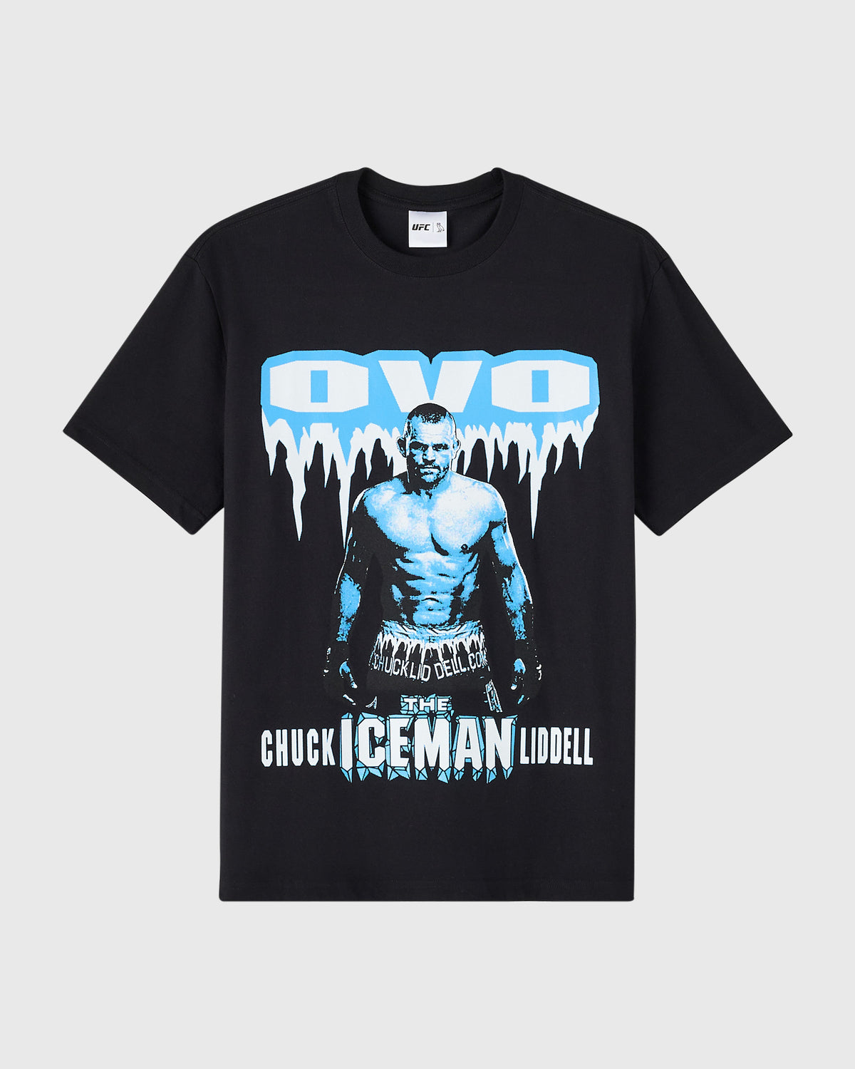 Black t-shirt with blue and white graphic featuring "OVO" text, muscular fighter portrait, and "Chuck Iceman Liddell" text.