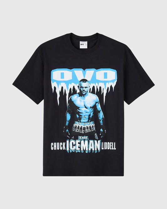 Black t-shirt with blue and white graphic featuring "OVO" text, muscular fighter portrait, and "Chuck Iceman Liddell" text.