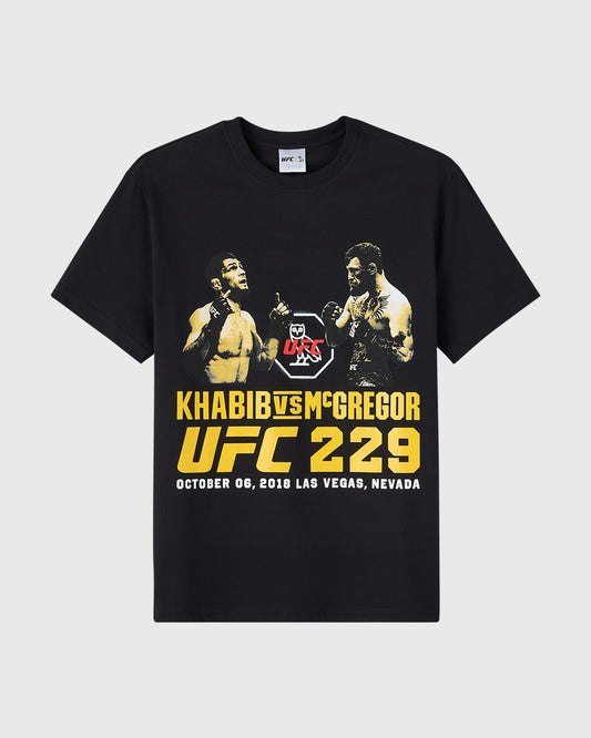 Black t-shirt with two fighter illustrations and yellow text reading "Khabib vs McGregor UFC 229 October 06, 2018 Las Vegas, Nevada"