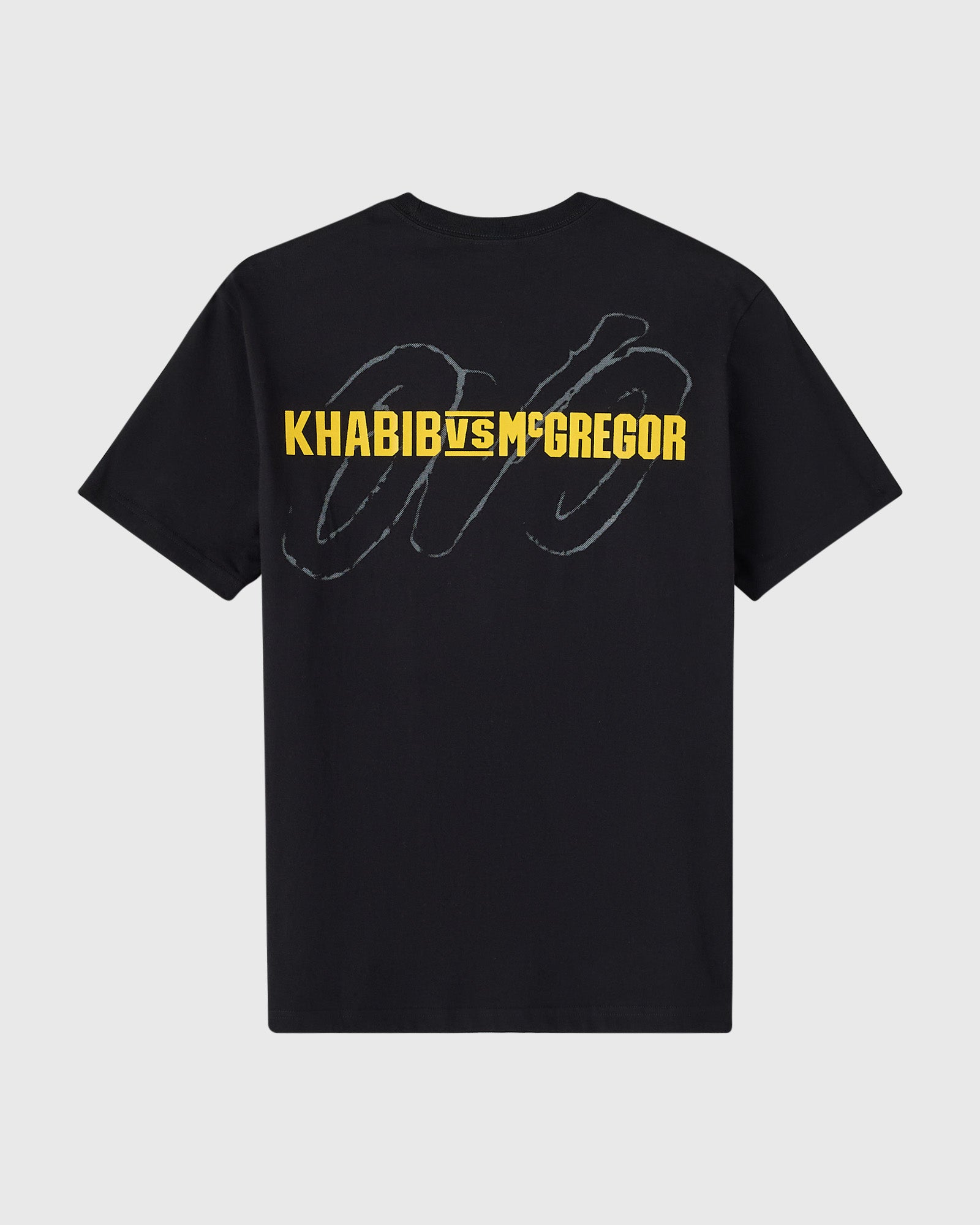 Black t-shirt with yellow "KHABIB vs McGREGOR" text and gray sketch design on back.