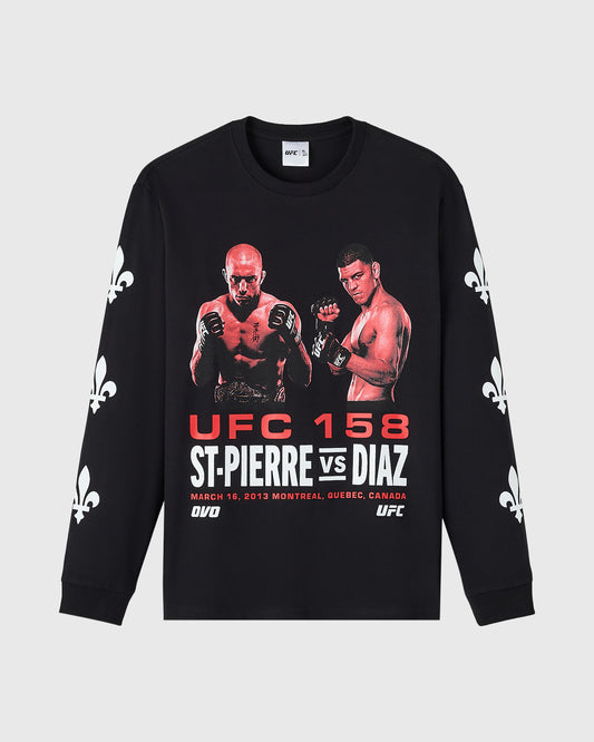 Black long-sleeve tee with UFC 158 GSP vs Diaz fight graphic, fleur-de-lis sleeve print, and event details.