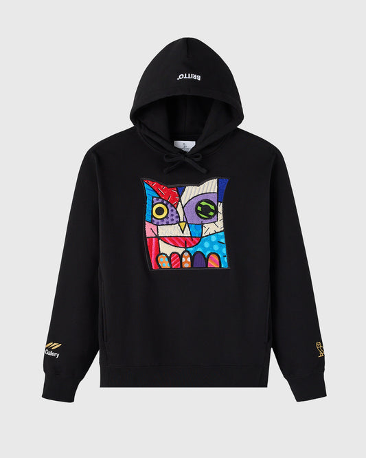 Black hoodie with colorful geometric owl graphic on chest, drawstring hood, and embroidered branding on sleeves.