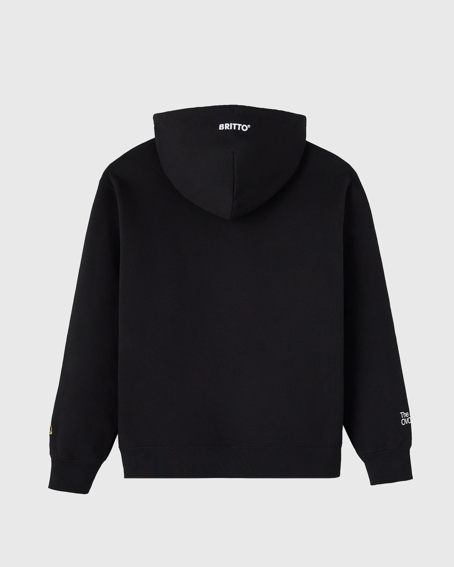 Black hoodie with "BRITTO" text on hood and small text graphic on sleeve.