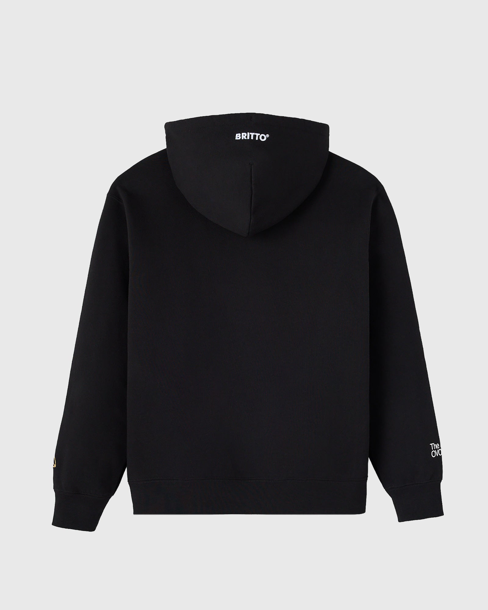 Black hoodie with "BRITTO" text on hood and small text graphic on sleeve.