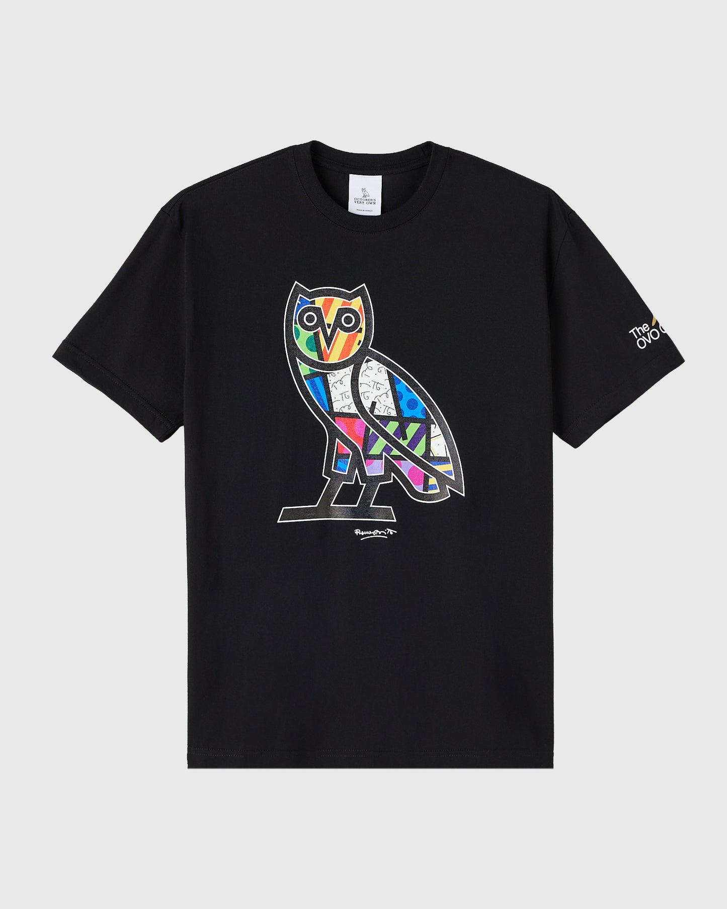 Black t-shirt with colorful geometric owl graphic on chest and small logo on sleeve.
