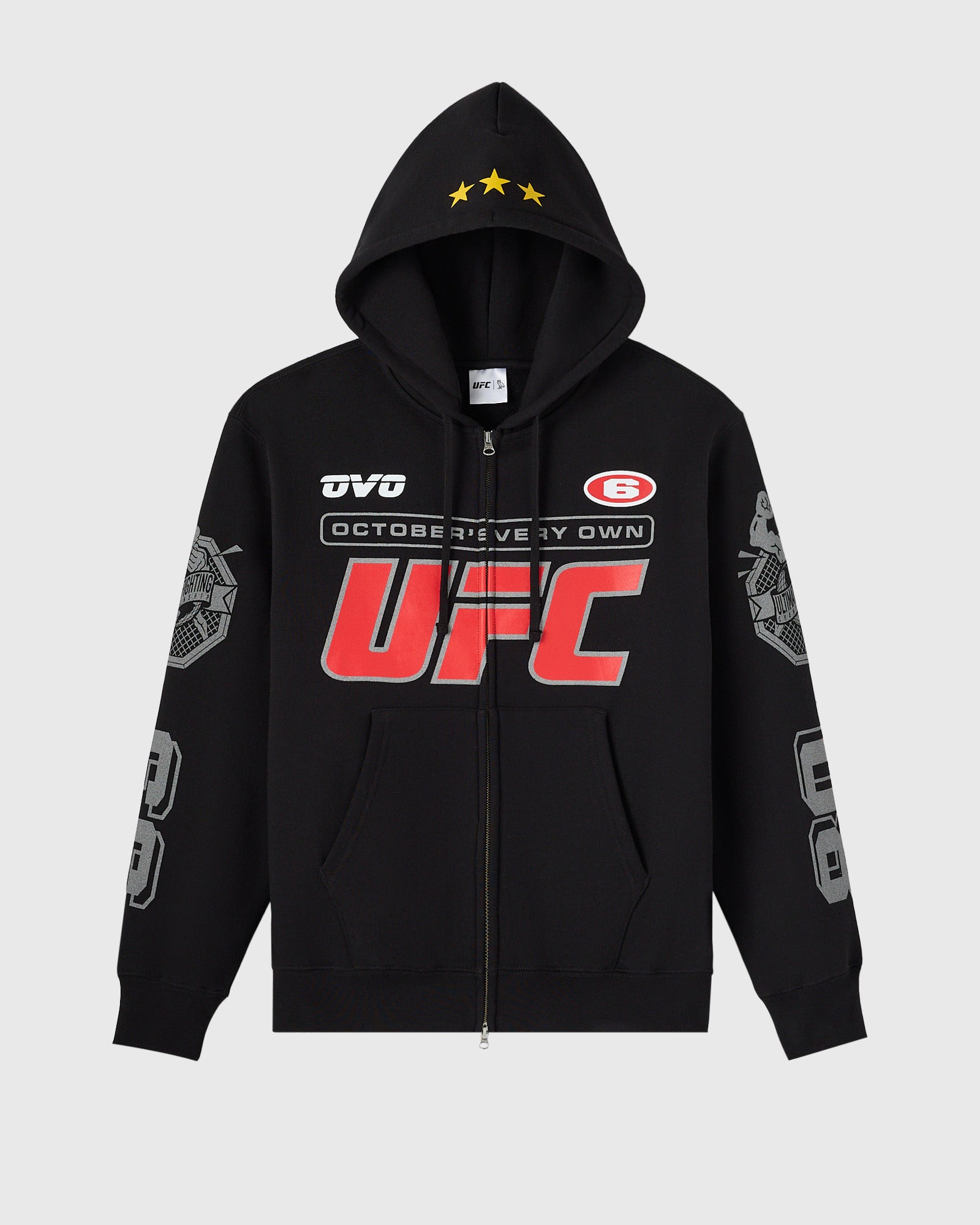 Black full-zip hoodie with UFC branding, red logo, yellow stars on hood, and gray sleeve graphics.
