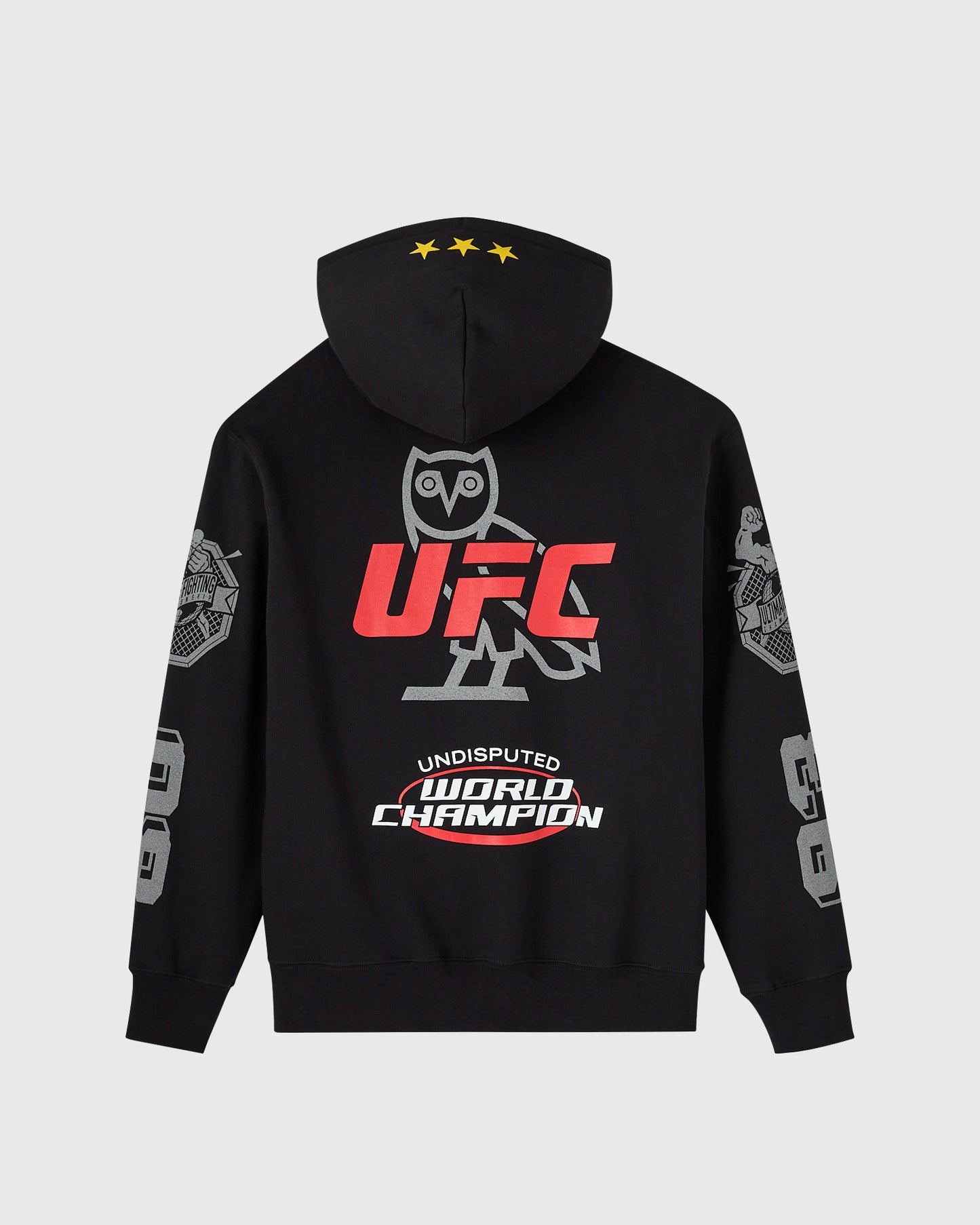 Black full-zip hoodie with UFC logo, owl graphic, "Undisputed World Champion" text, and sleeve patches.