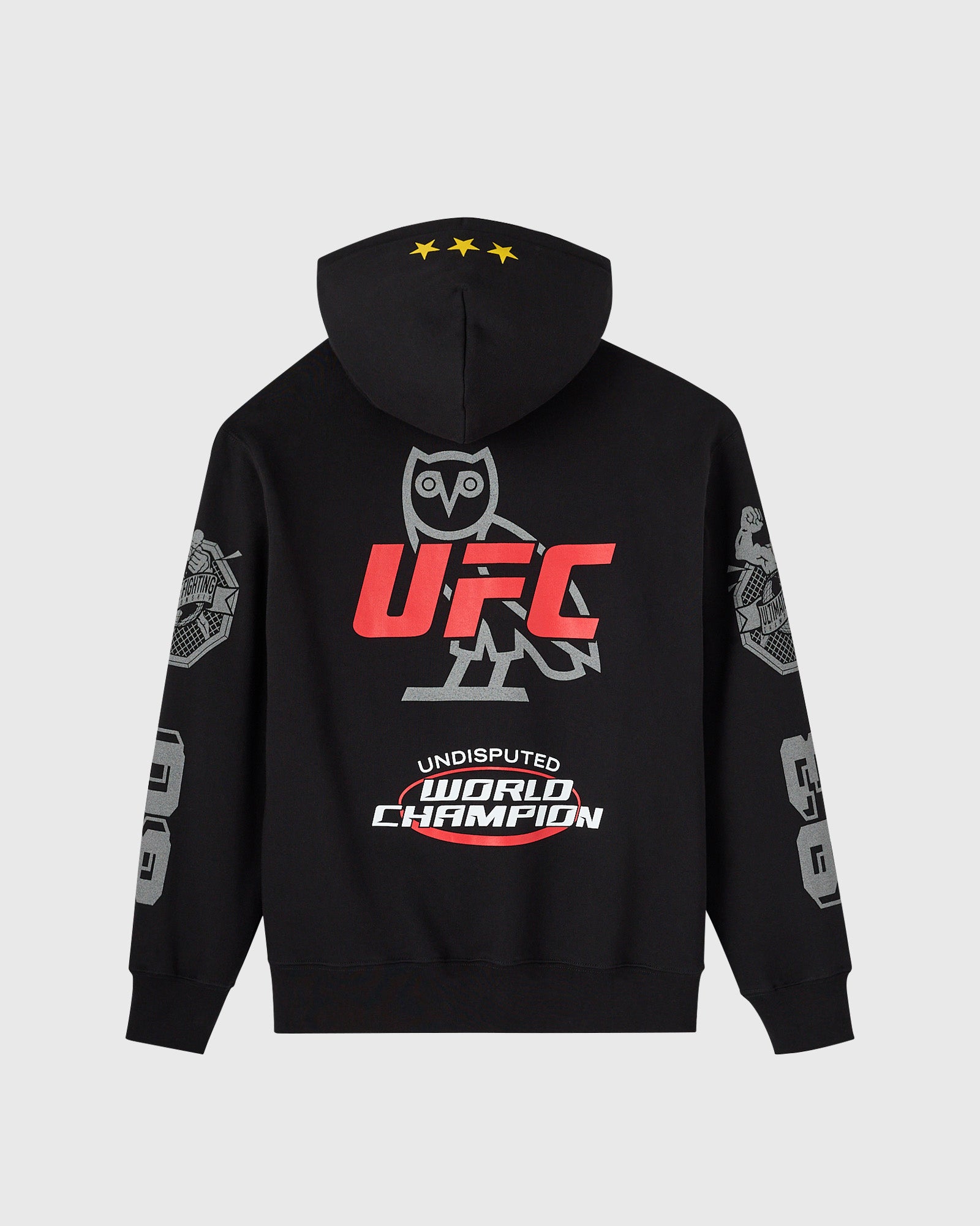 Black full-zip hoodie with UFC logo, owl graphic, "Undisputed World Champion" text, and sleeve patches.