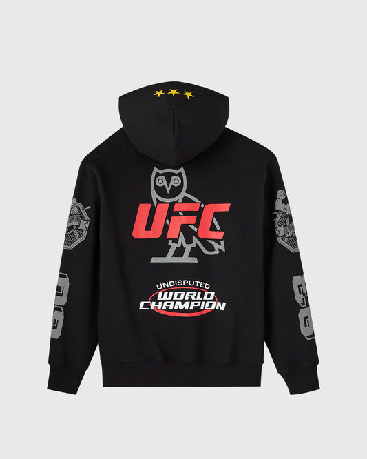 Black full-zip hoodie with UFC logo, owl graphic, "Undisputed World Champion" text, and sleeve patches.