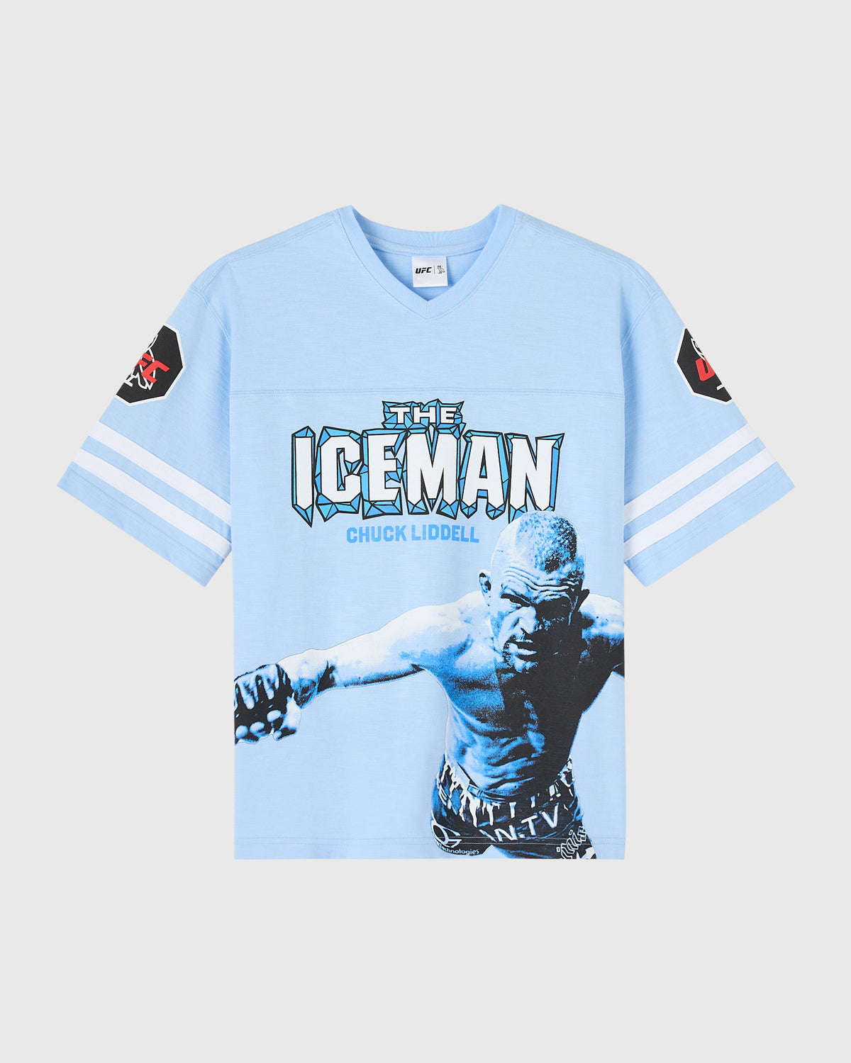 Light blue v-neck tee with white stripe sleeves, UFC fighter graphic, and "The Iceman Chuck Liddell" text on front.