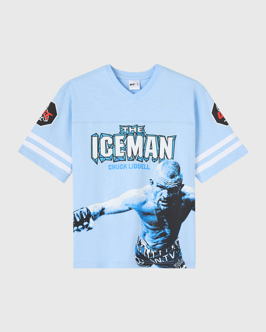 Light blue v-neck tee with white stripe sleeves, UFC fighter graphic, and "The Iceman Chuck Liddell" text on front.