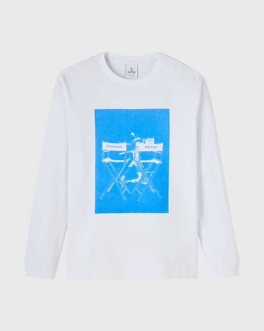 White long-sleeve tee with blue graphic print featuring abstract line art and text on chest.