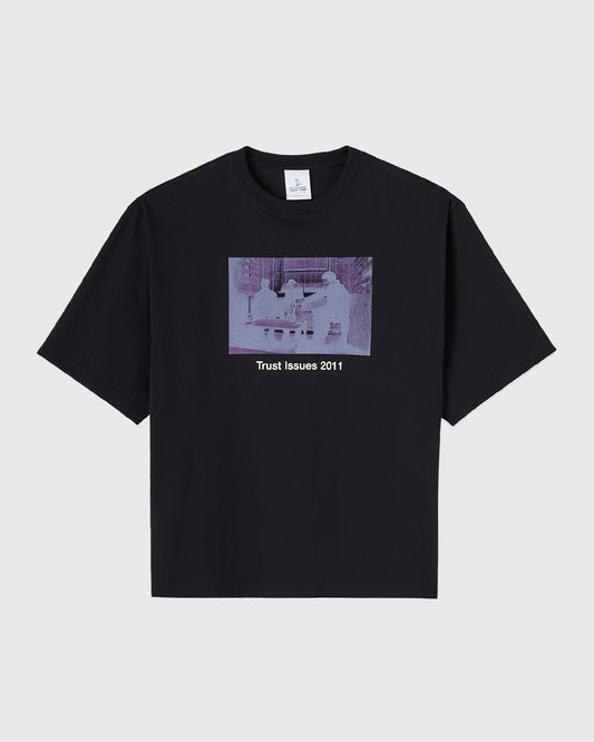 Black t-shirt with purple-toned photograph and "Trust Issues 2011" text printed on chest.
