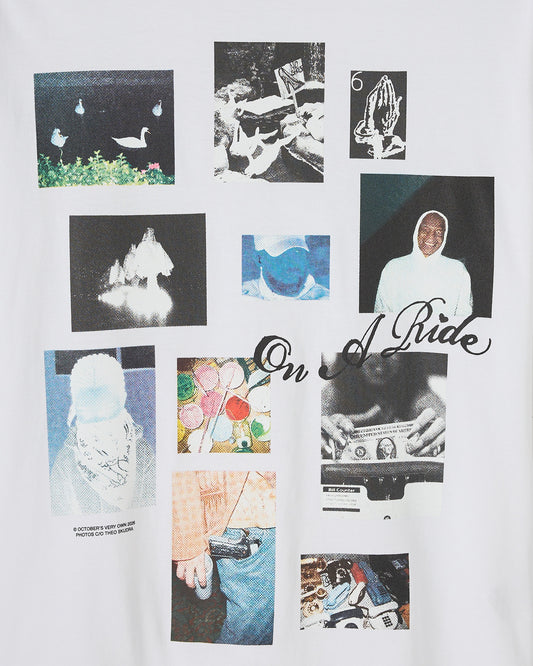 White t-shirt with collage of black and white photographs, colored images, and "On A Pride" text printed across front.