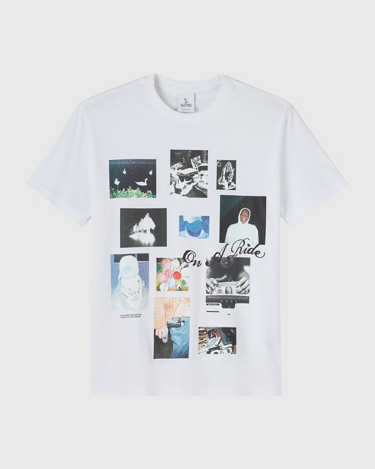 White t-shirt with collage of mixed photographic and artistic images arranged across the chest and front.