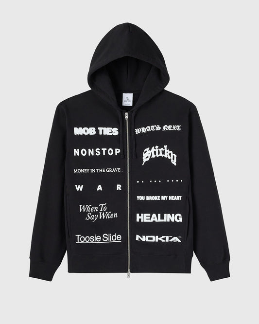 Black zip-hoodie with white text printed across front and back on chest and torso.