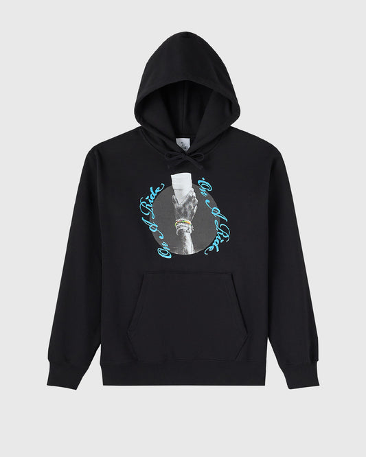 Black hoodie with drawstring hood, front kangaroo pocket, and graphic print featuring blue text and circular photo on chest.