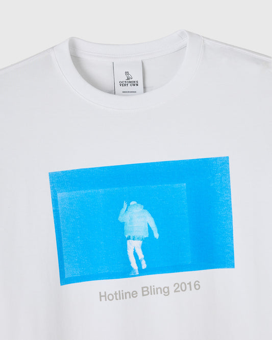 White crewneck tee with blue graphic featuring a figure and "Hotline Bling 2016" text.