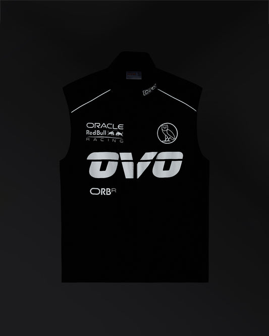 Navy nylon vest with reflective white Oracle Red Bull Racing and OKX branding and logos on front.