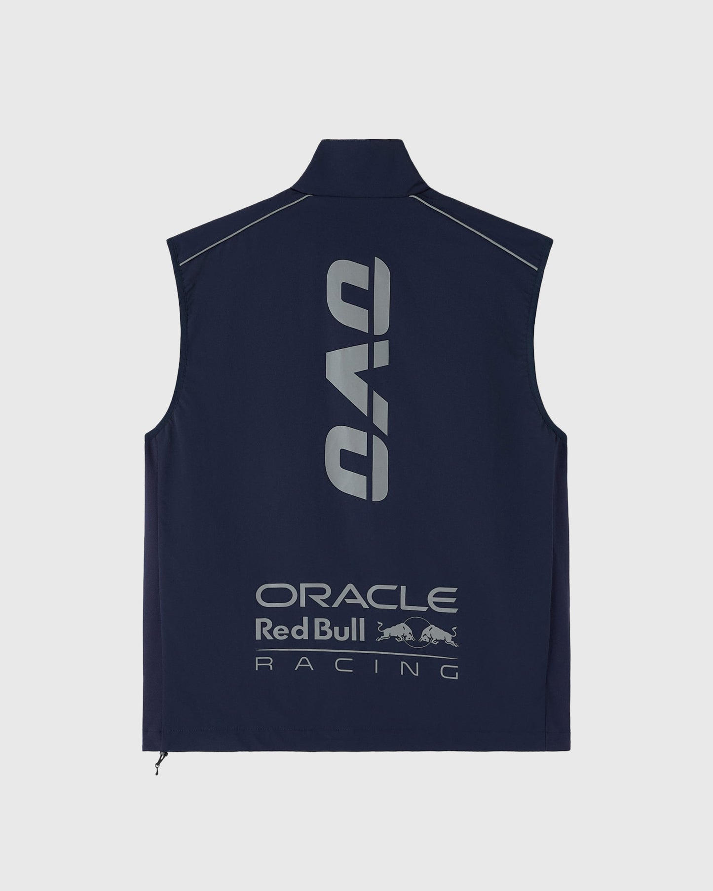 Navy nylon vest with reflective RBR and Oracle Red Bull Racing prints on back.