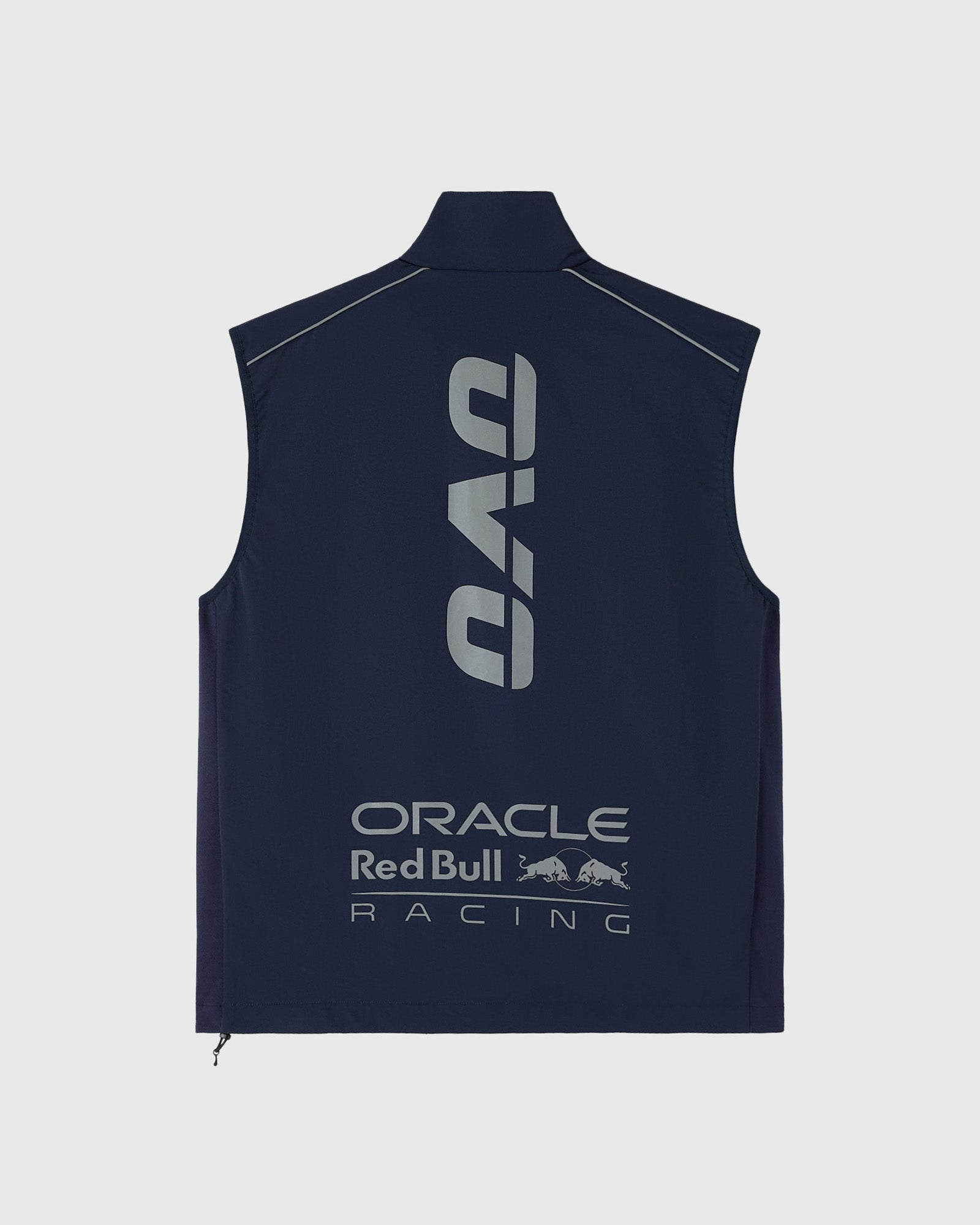 Navy nylon vest with reflective RBR and Oracle Red Bull Racing prints on back.