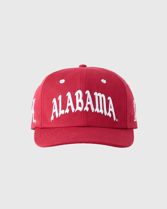 Red baseball cap with white "ALABAMA" text across the front and side logo embroidery.