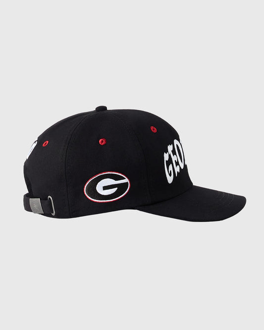 Black cap with University of Georgia "G" logo in white and red oval on front, "UGA" text on side, and adjustable back strap.