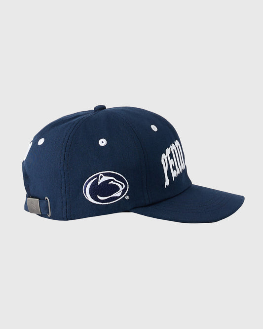Navy baseball cap with Penn State logo and text on front, adjustable back strap, white embroidered details.