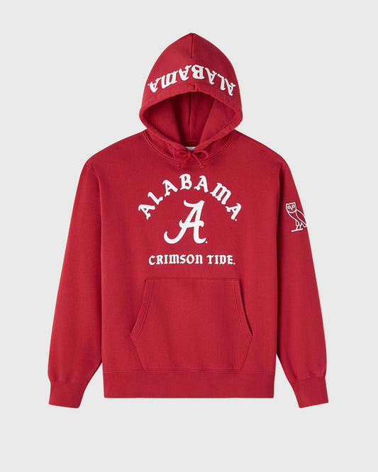 Red Alabama Crimson Tide hoodie with white "Alabama" text, "A" logo, and "Crimson Tide" lettering on chest.