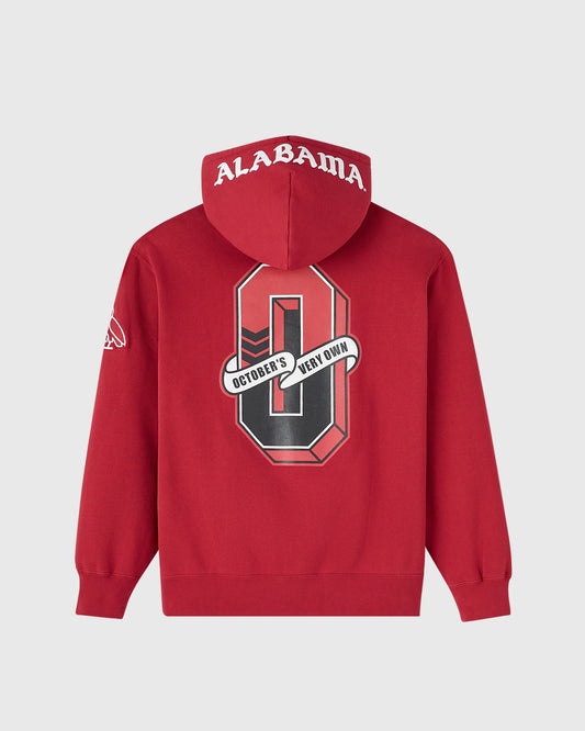 Red hoodie with "ALABAMA" text on hood and back graphic featuring shield emblem with "OCTOBER'S VERY OWN" banner.