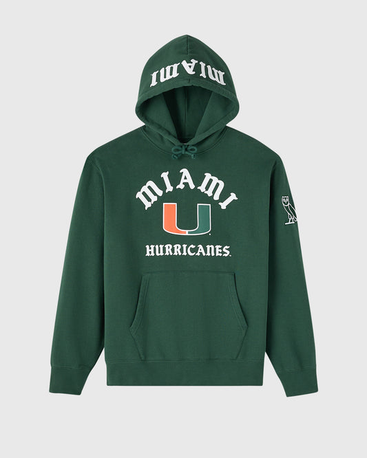 Green hoodie with "Miami Hurricanes" text, U logo, and drawstring hood.