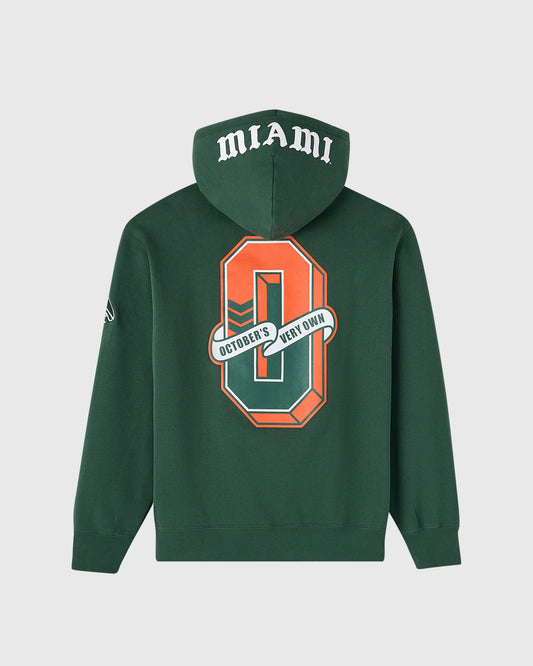 Green hoodie with "MIAMI" text on hood and large orange "O" logo with "October's Very Own" banner on back.